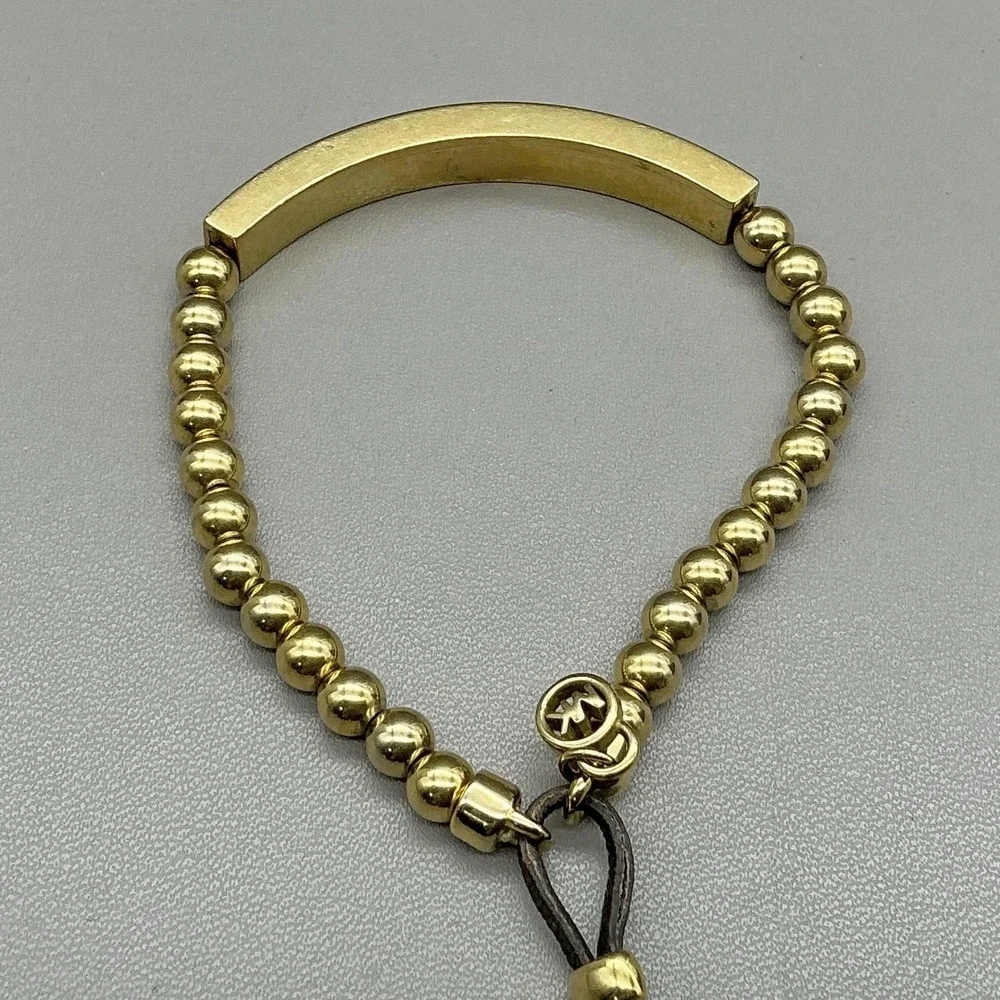 Michael Kors Bracelet Gold Tone Beaded ID Bar Leather Bolo Womens Jewelry‎ 7